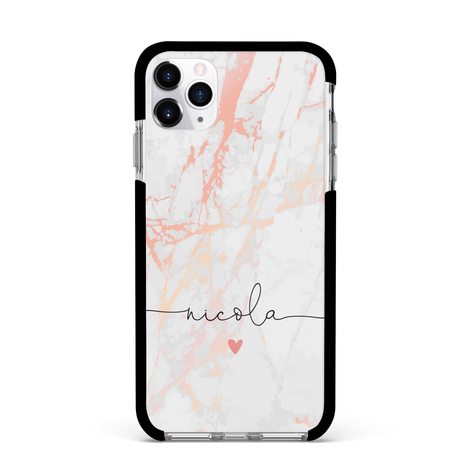 Personalised Name Pink Marble Heart Apple iPhone 11 Pro Max in Silver with Black Impact Case