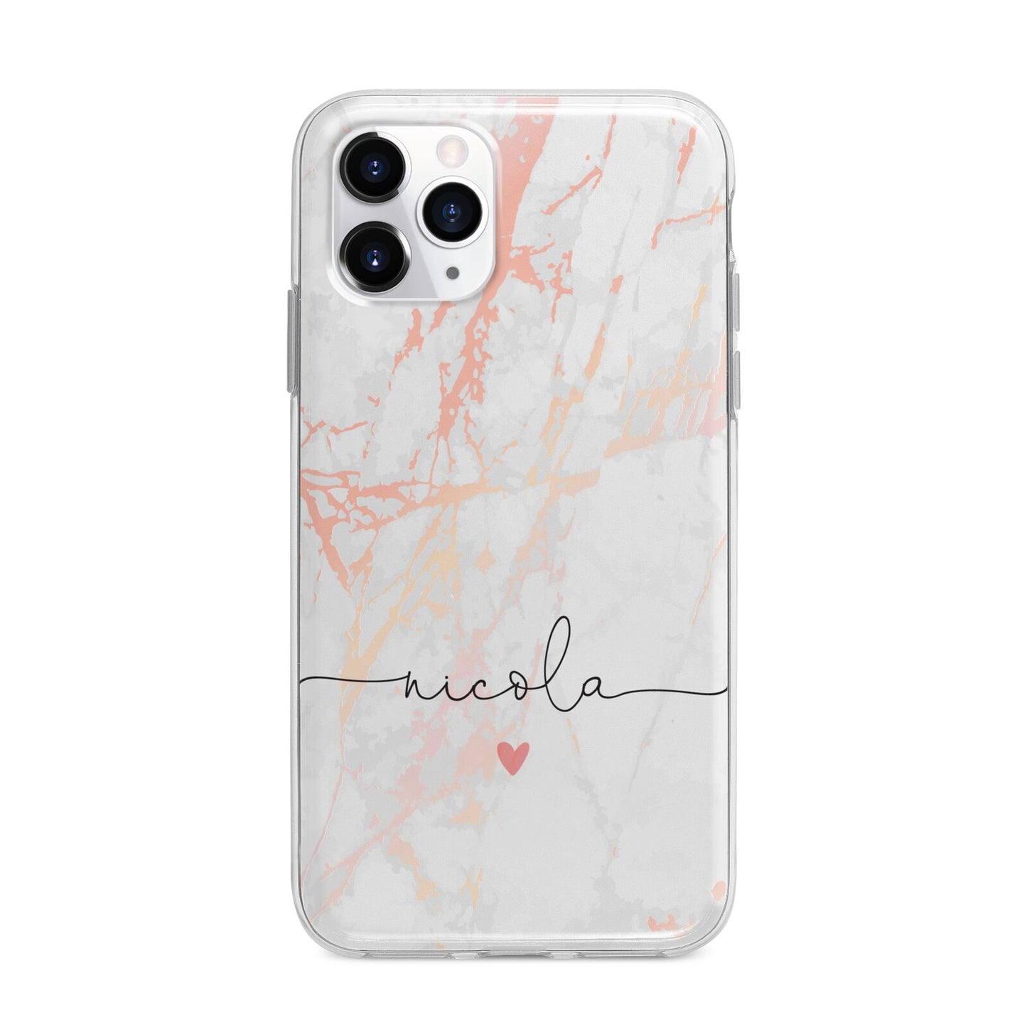 Personalised Name Pink Marble Heart Apple iPhone 11 Pro Max in Silver with Bumper Case