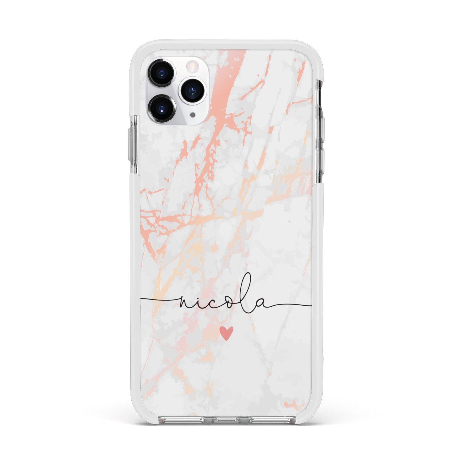 Personalised Name Pink Marble Heart Apple iPhone 11 Pro Max in Silver with White Impact Case