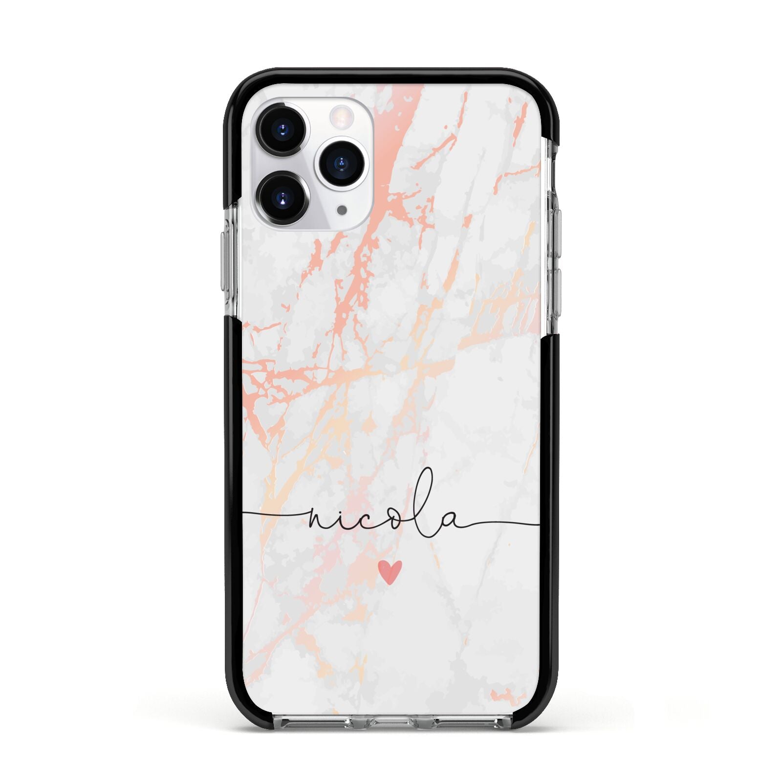 Personalised Name Pink Marble Heart Apple iPhone 11 Pro in Silver with Black Impact Case