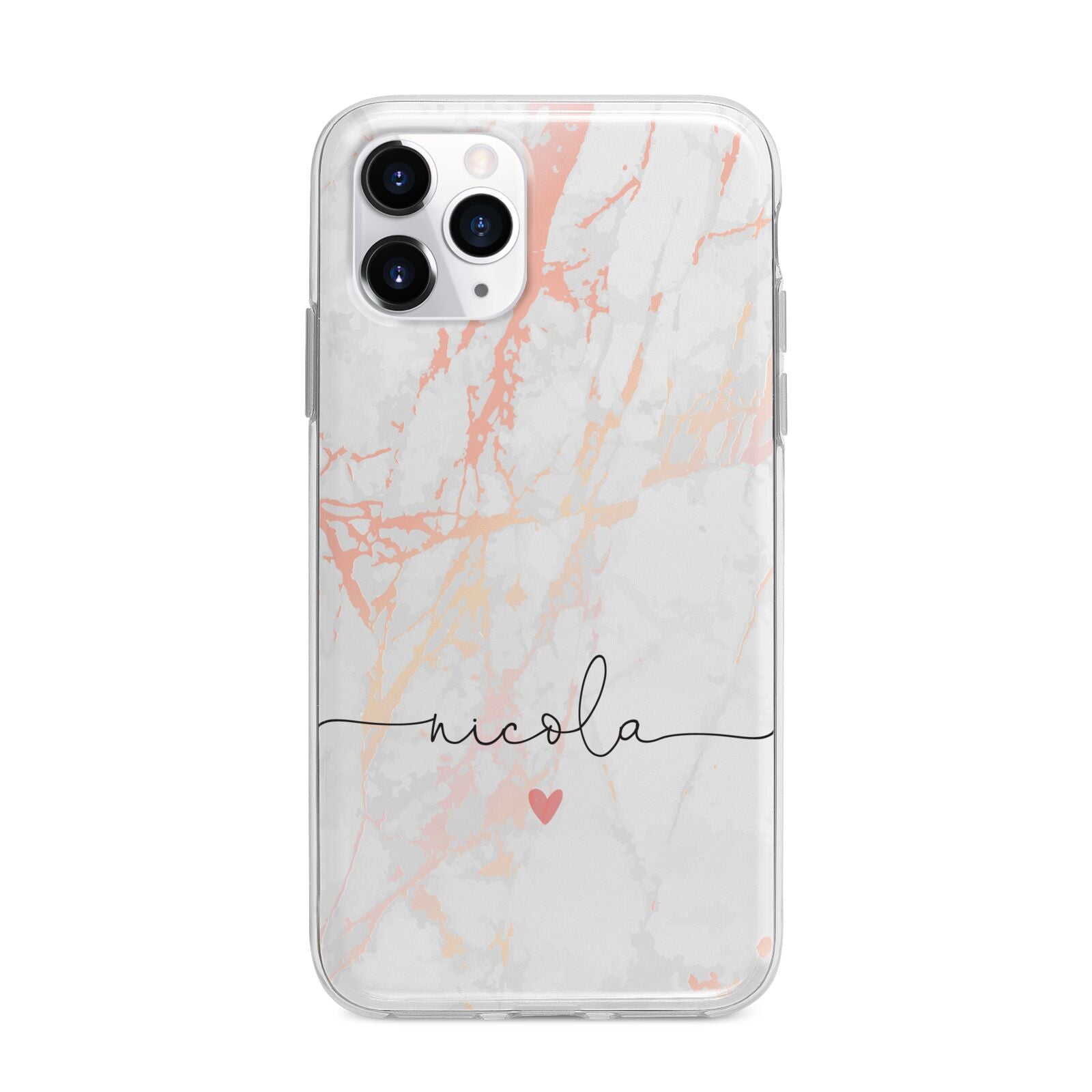 Personalised Name Pink Marble Heart Apple iPhone 11 Pro in Silver with Bumper Case