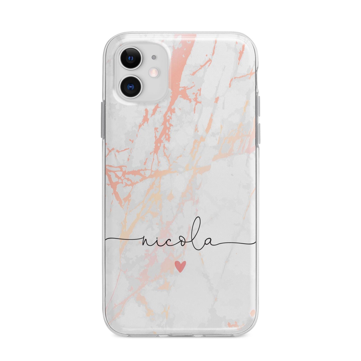 Personalised Name Pink Marble Heart Apple iPhone 11 in White with Bumper Case