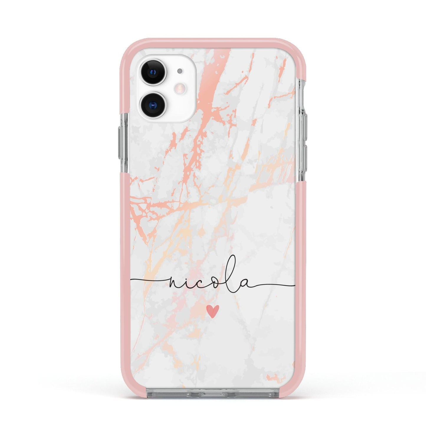 Personalised Name Pink Marble Heart Apple iPhone 11 in White with Pink Impact Case