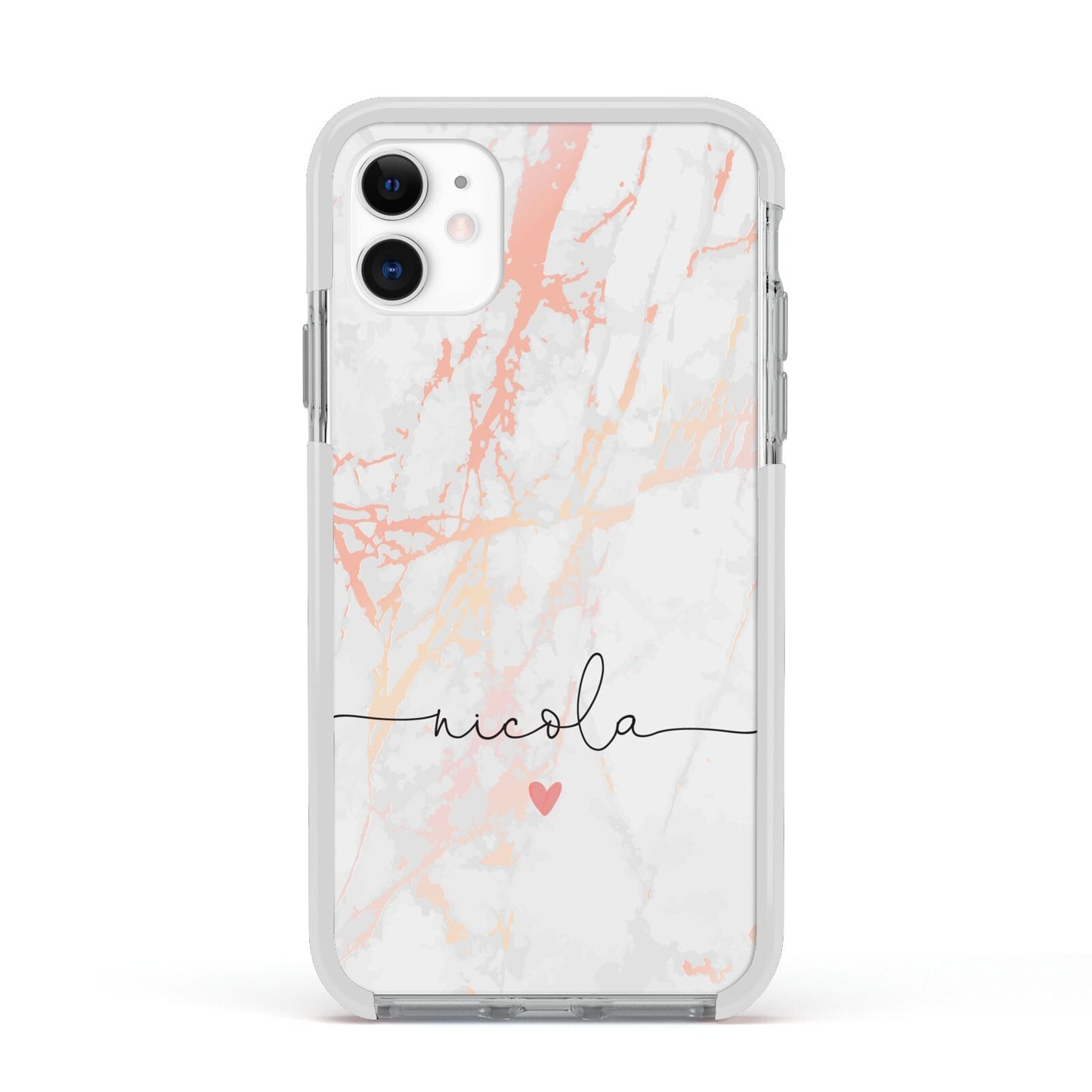 Personalised Name Pink Marble Heart Apple iPhone 11 in White with White Impact Case