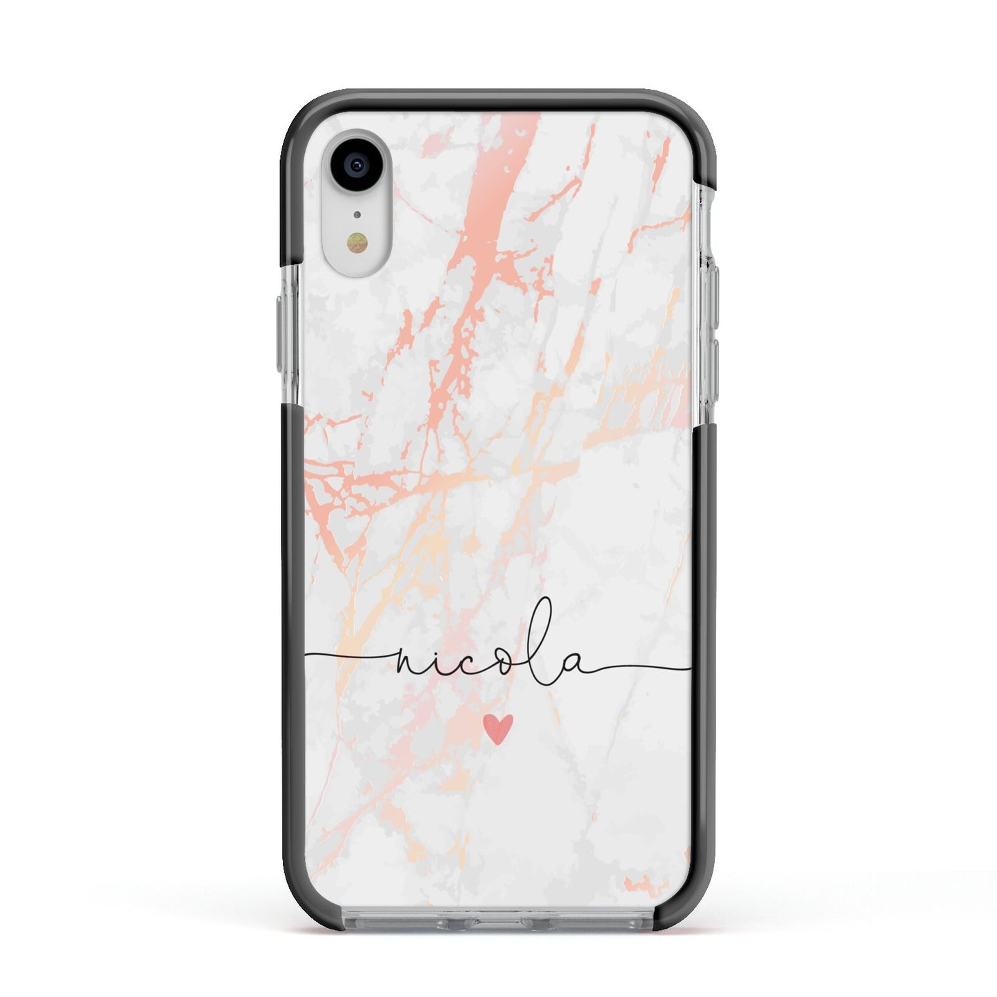 Personalised Name Pink Marble Heart Apple iPhone XR Impact Case Black Edge on Silver Phone