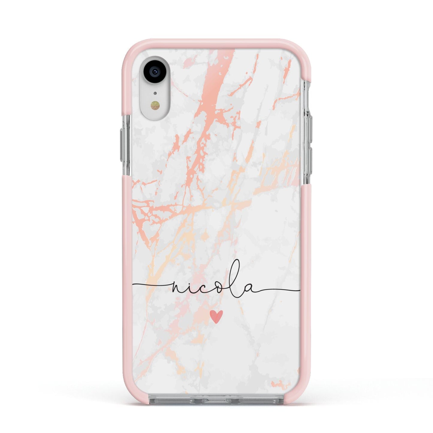 Personalised Name Pink Marble Heart Apple iPhone XR Impact Case Pink Edge on Silver Phone