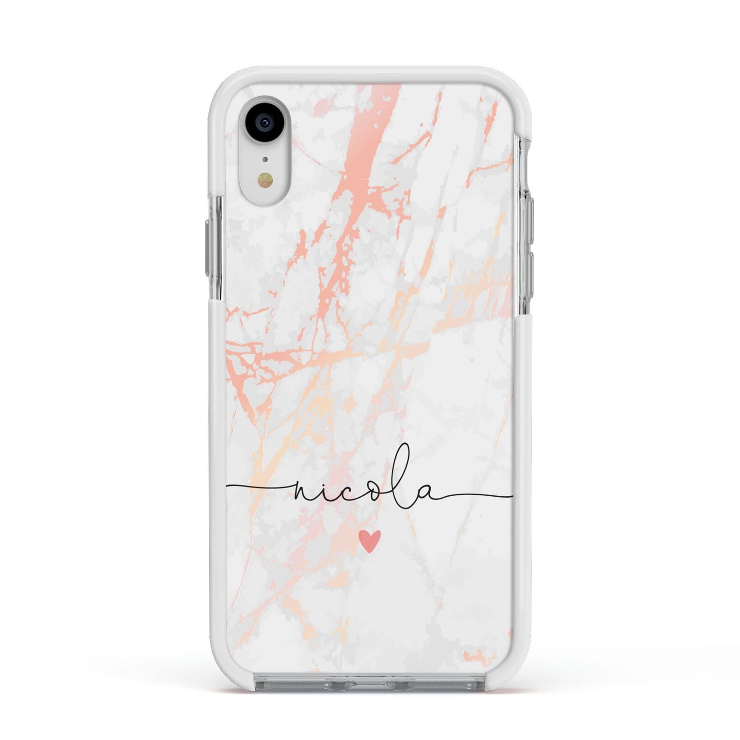 Personalised Name Pink Marble Heart Apple iPhone XR Impact Case White Edge on Silver Phone