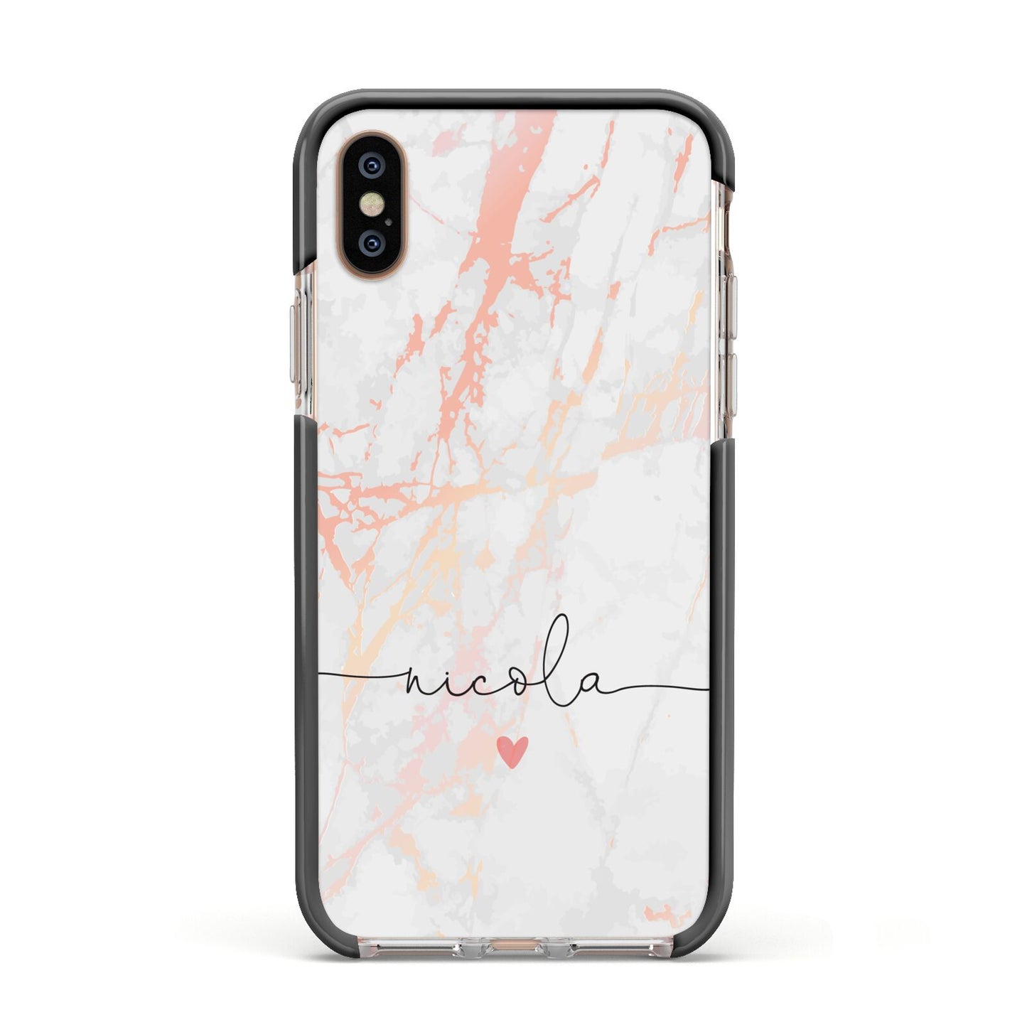Personalised Name Pink Marble Heart Apple iPhone Xs Impact Case Black Edge on Gold Phone