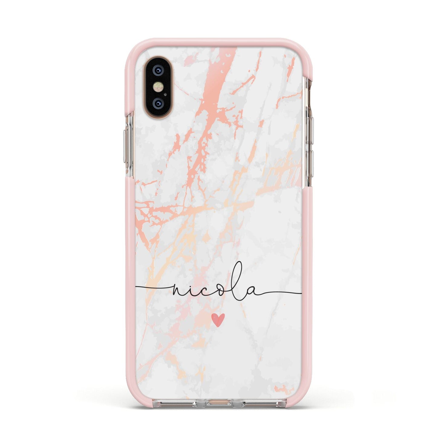 Personalised Name Pink Marble Heart Apple iPhone Xs Impact Case Pink Edge on Gold Phone