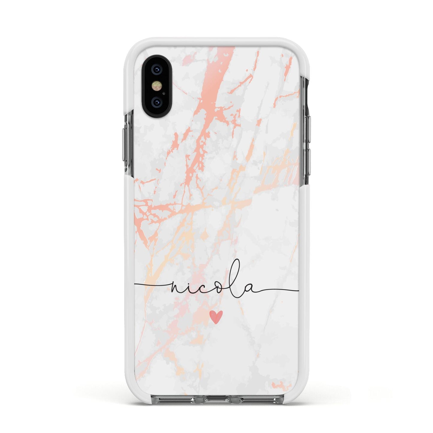 Personalised Name Pink Marble Heart Apple iPhone Xs Impact Case White Edge on Black Phone