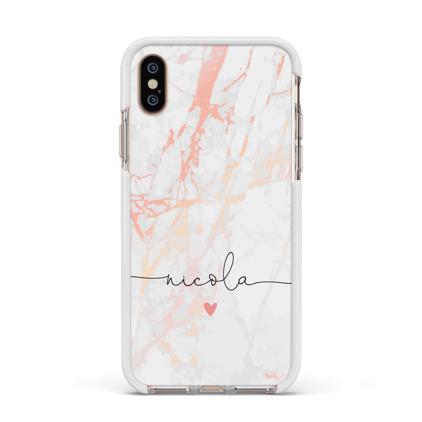 Personalised Name Pink Marble Heart Apple iPhone Xs Impact Case White Edge on Gold Phone