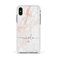 Personalised Name Pink Marble Heart Apple iPhone Xs Impact Case White Edge on Silver Phone