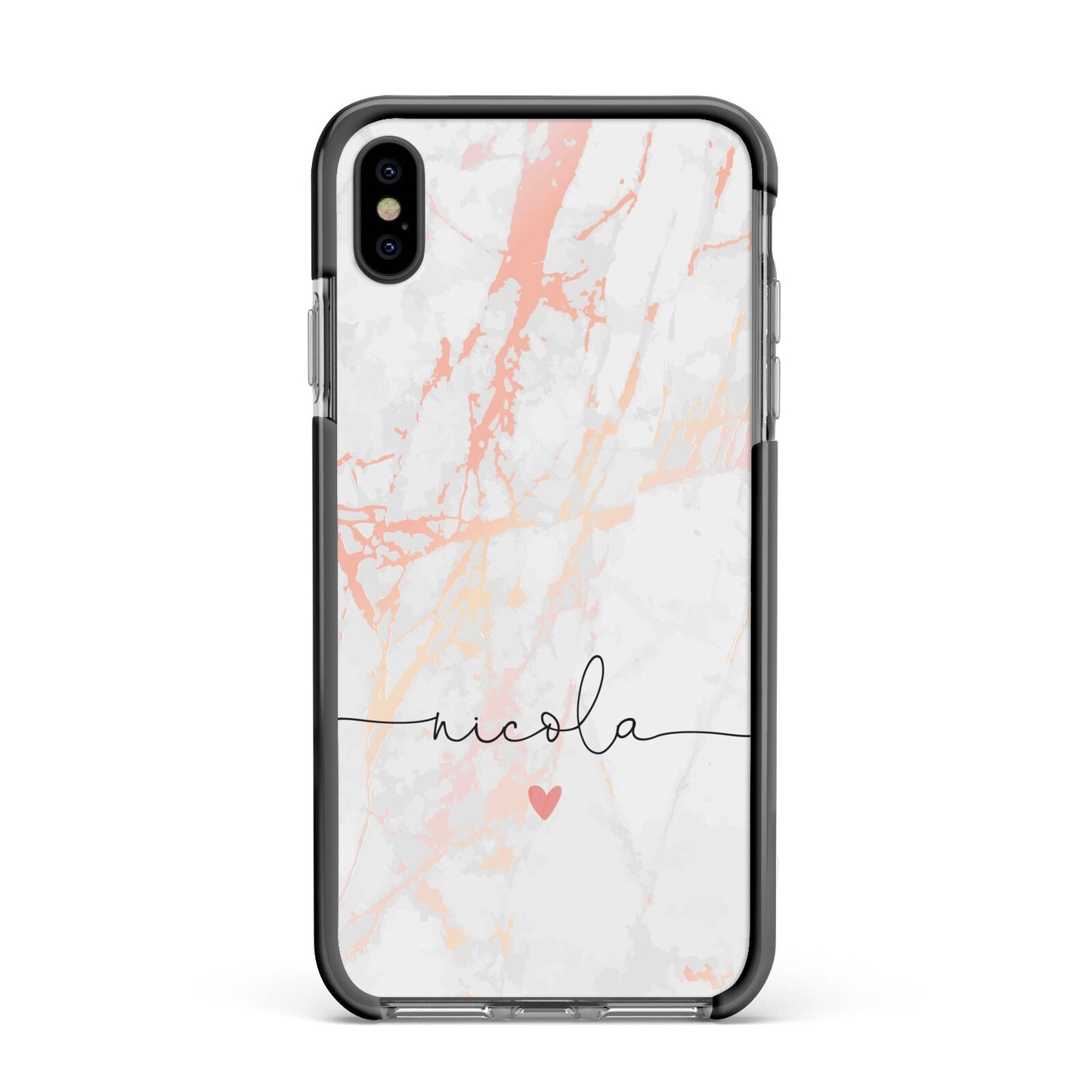 Personalised Name Pink Marble Heart Apple iPhone Xs Max Impact Case Black Edge on Black Phone
