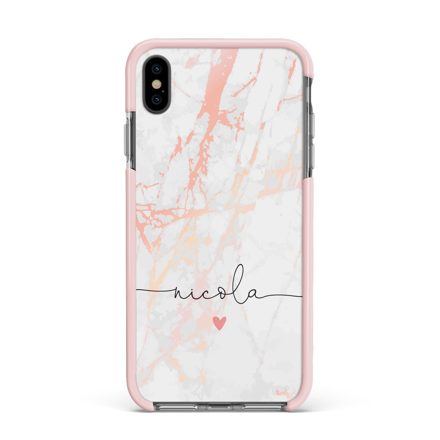 Personalised Name Pink Marble Heart Apple iPhone Xs Max Impact Case Pink Edge on Black Phone