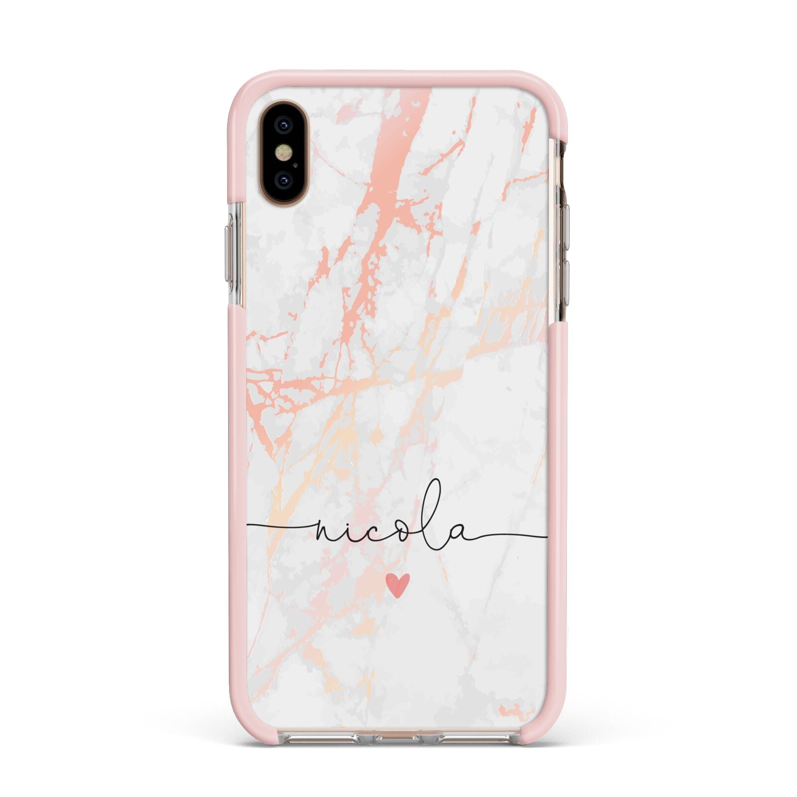 Personalised Name Pink Marble Heart Apple iPhone Xs Max Impact Case Pink Edge on Gold Phone