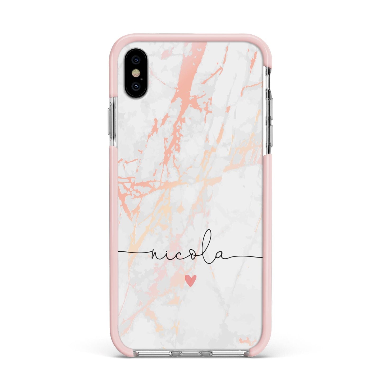 Personalised Name Pink Marble Heart Apple iPhone Xs Max Impact Case Pink Edge on Silver Phone