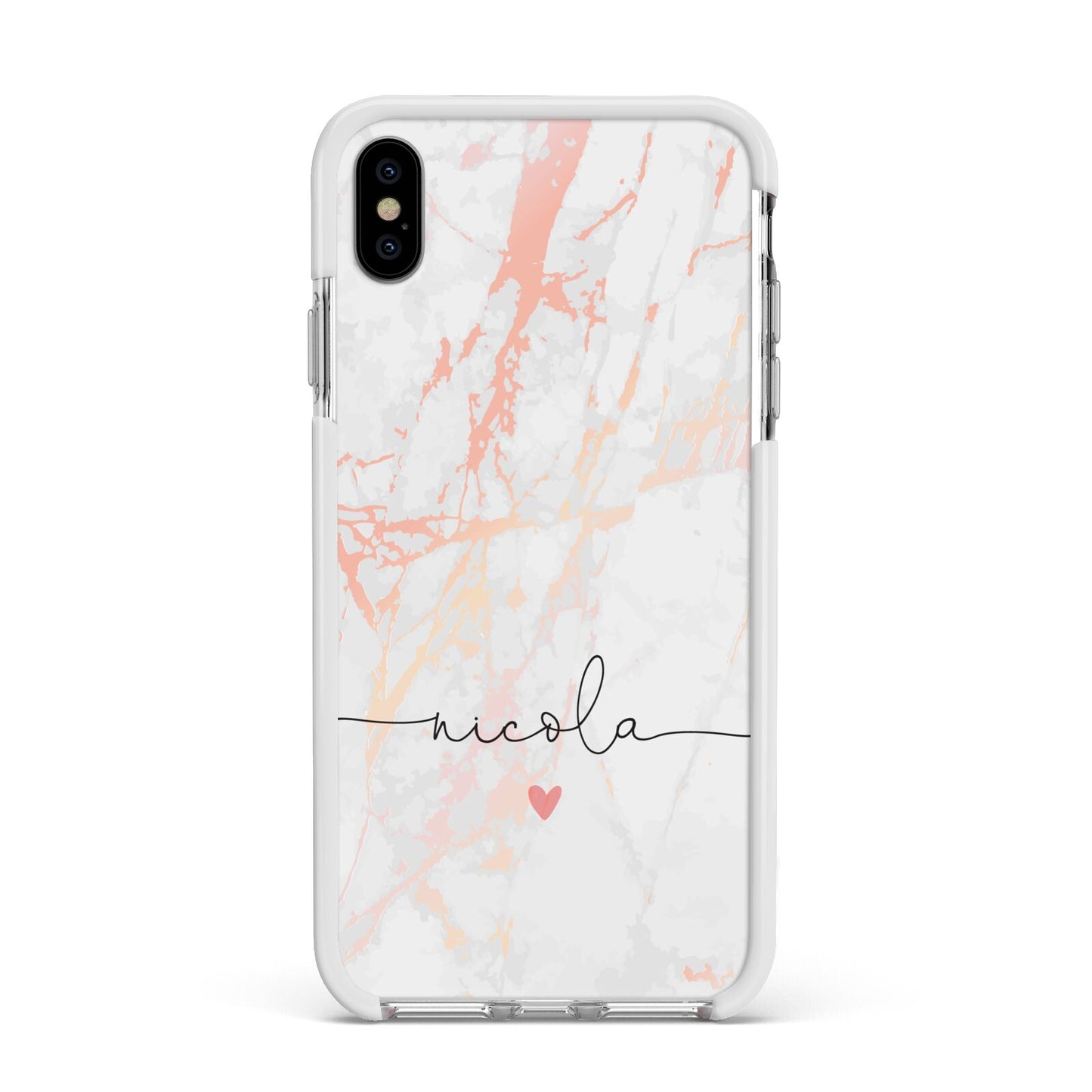 Personalised Name Pink Marble Heart Apple iPhone Xs Max Impact Case White Edge on Silver Phone