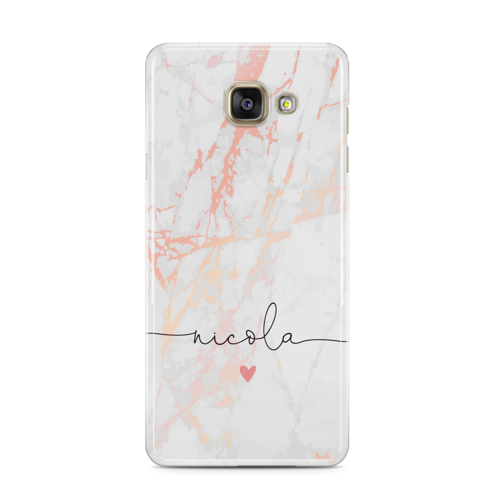 Personalised Name Pink Marble Heart Samsung Galaxy A3 2016 Case on gold phone