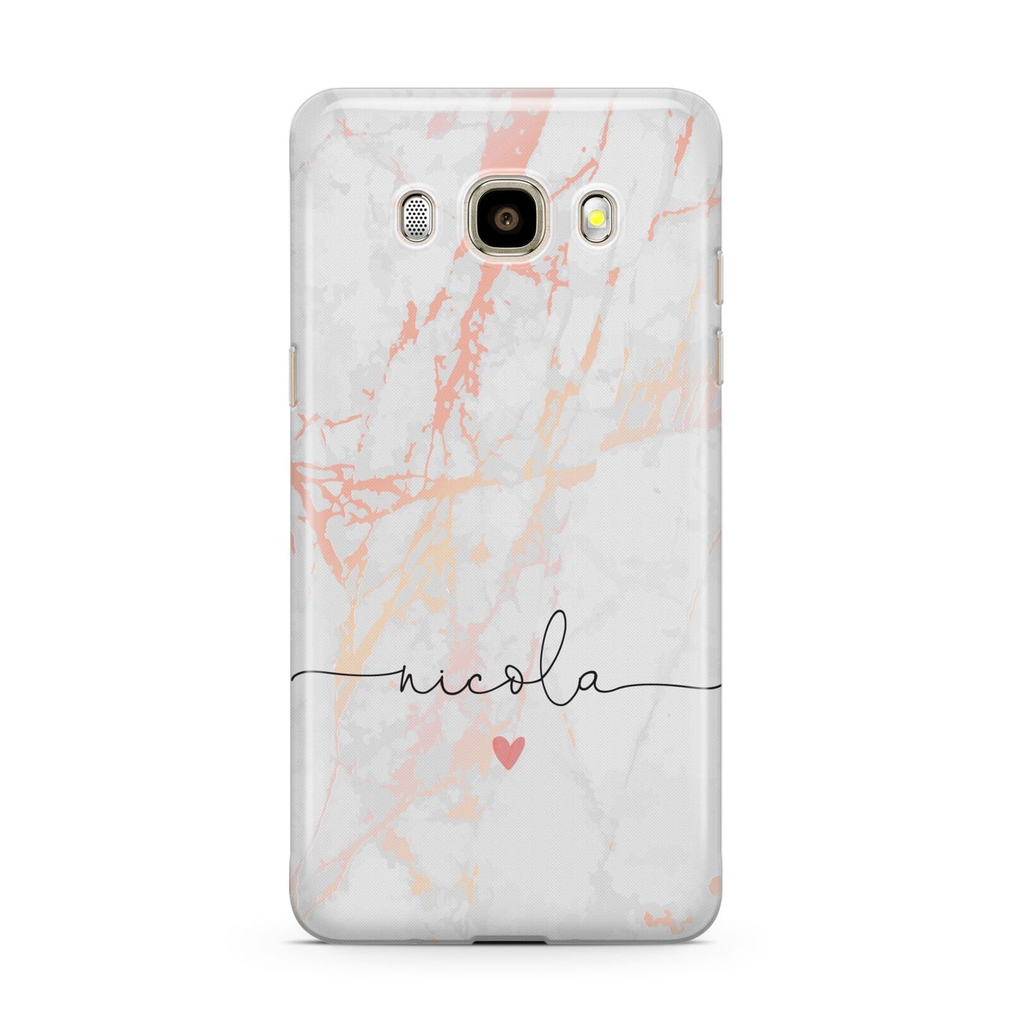 Personalised Name Pink Marble Heart Samsung Galaxy J7 2016 Case on gold phone