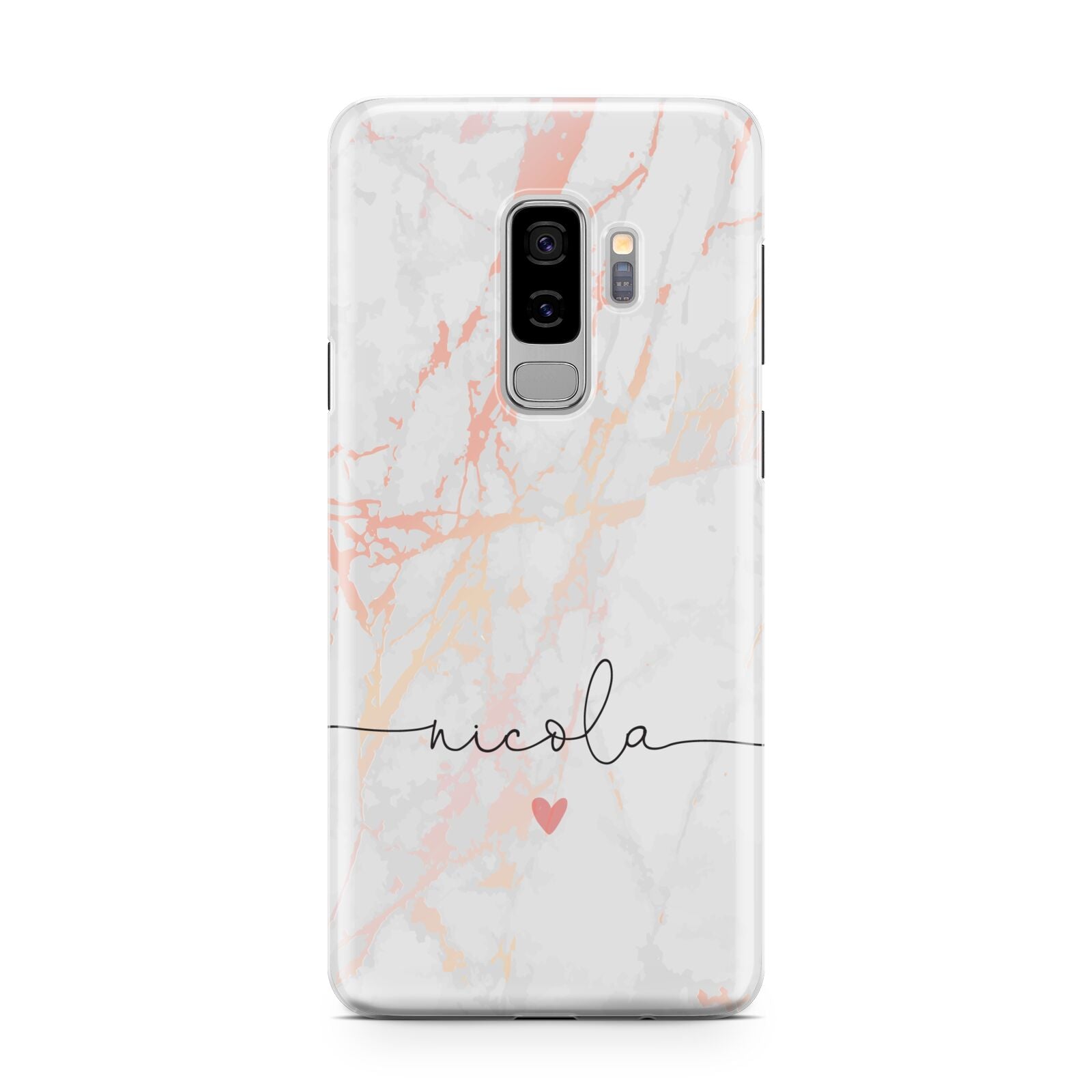 Personalised Name Pink Marble Heart Samsung Galaxy S9 Plus Case on Silver phone