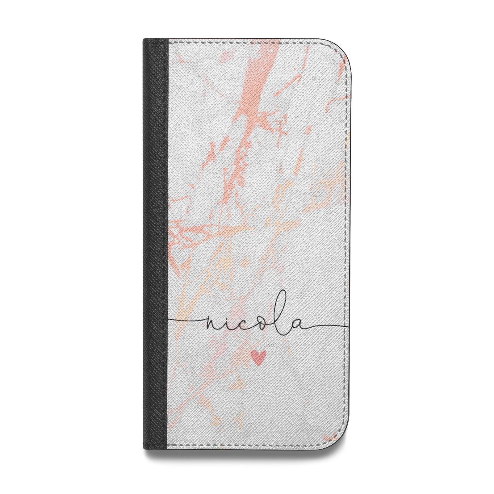 Personalised Name Pink Marble Heart Vegan Leather Flip iPhone Case