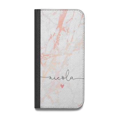 Personalised Name Pink Marble Heart Vegan Leather Flip iPhone Case