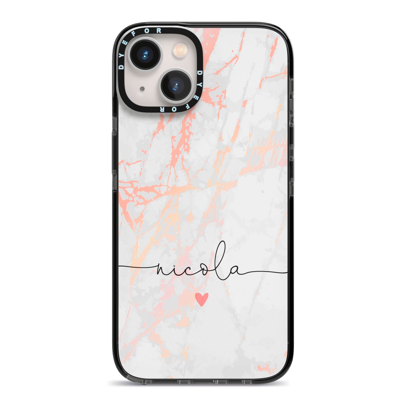 Personalised Name Pink Marble Heart iPhone 13 Black Impact Case on Silver phone