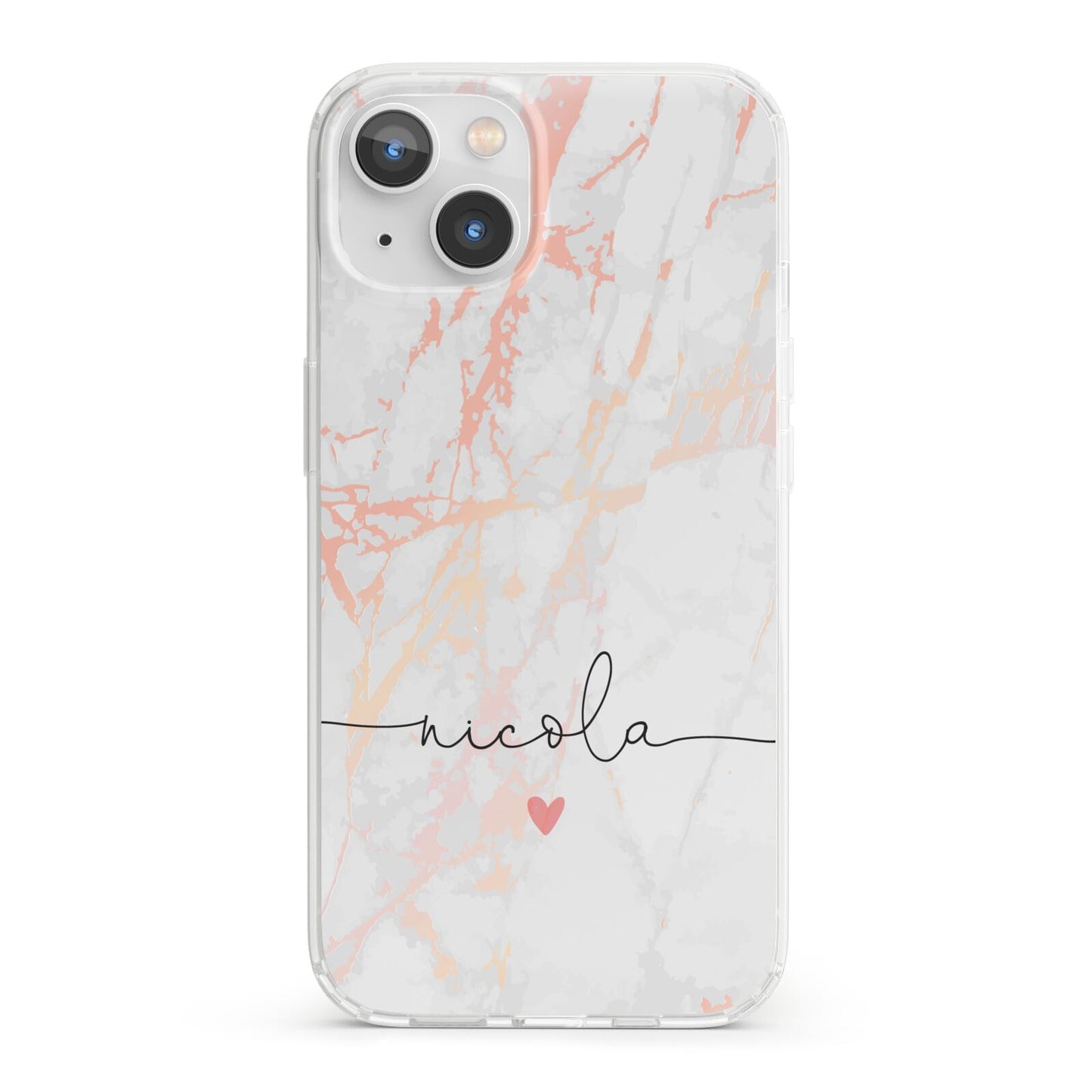 Personalised Name Pink Marble Heart iPhone 13 Clear Bumper Case