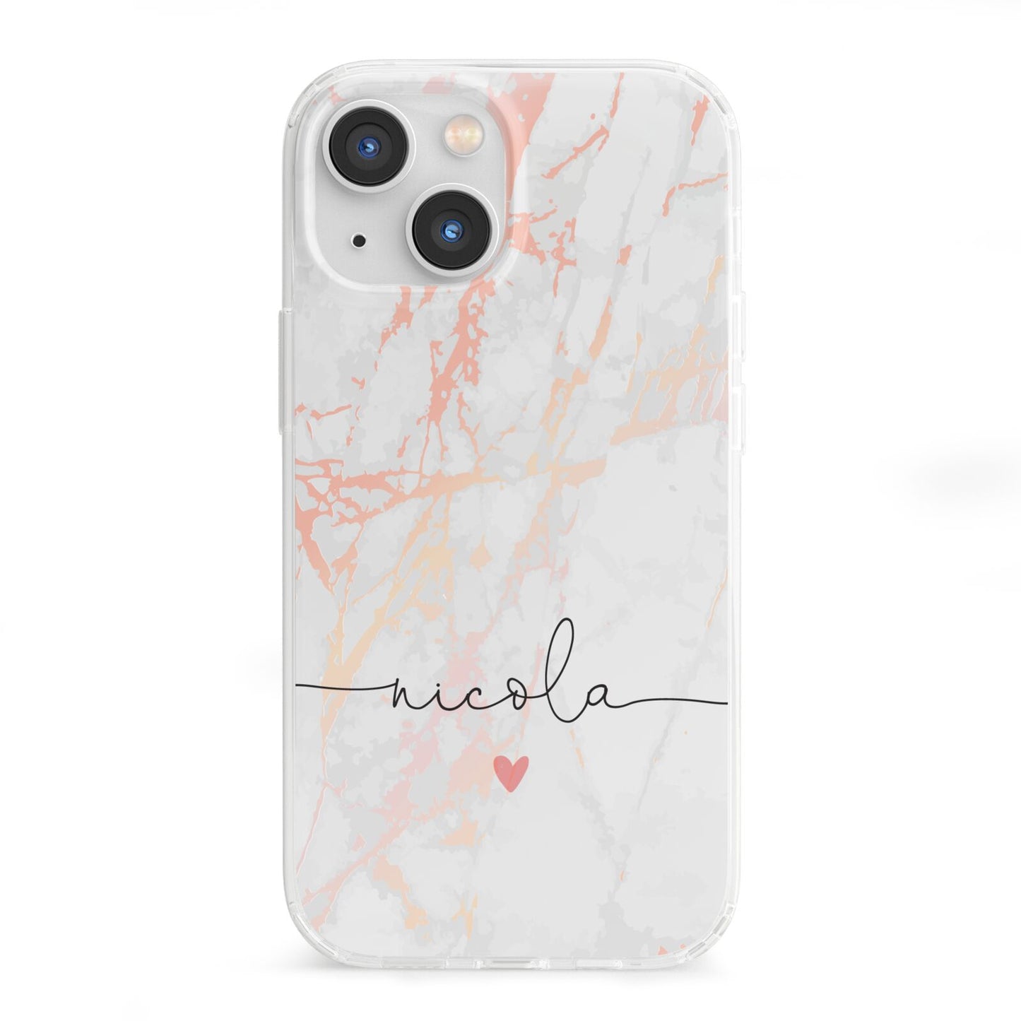 Personalised Name Pink Marble Heart iPhone 13 Mini Clear Bumper Case