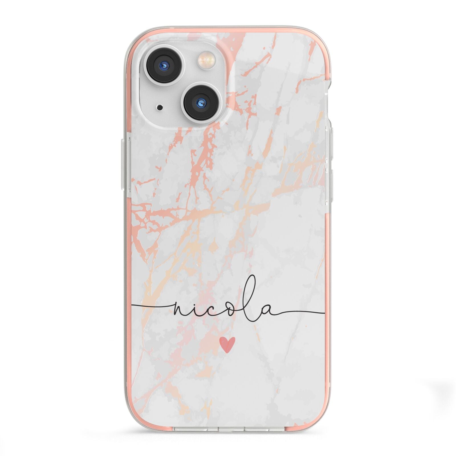 Personalised Name Pink Marble Heart iPhone 13 Mini TPU Impact Case with Pink Edges