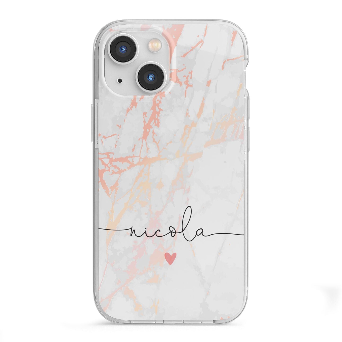 Personalised Name Pink Marble Heart iPhone 13 Mini TPU Impact Case with White Edges