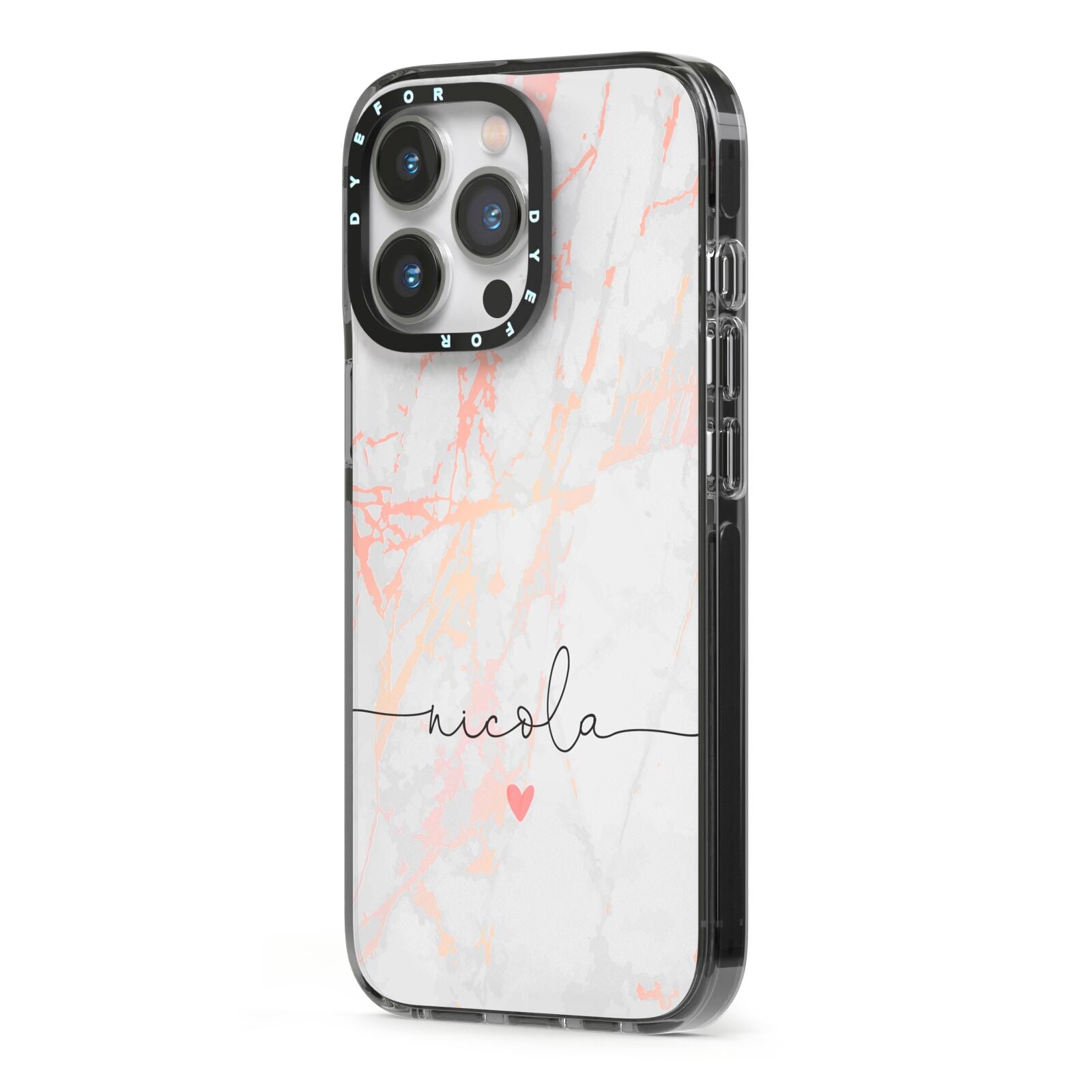 Personalised Name Pink Marble Heart iPhone 13 Pro Black Impact Case Side Angle on Silver phone