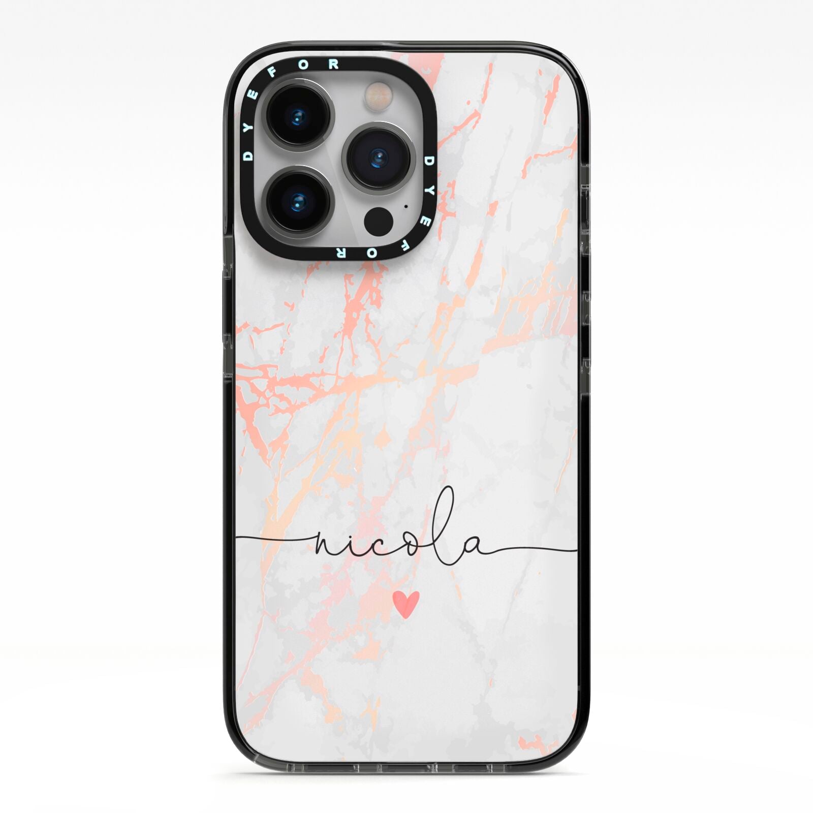 Personalised Name Pink Marble Heart iPhone 13 Pro Black Impact Case on Silver phone