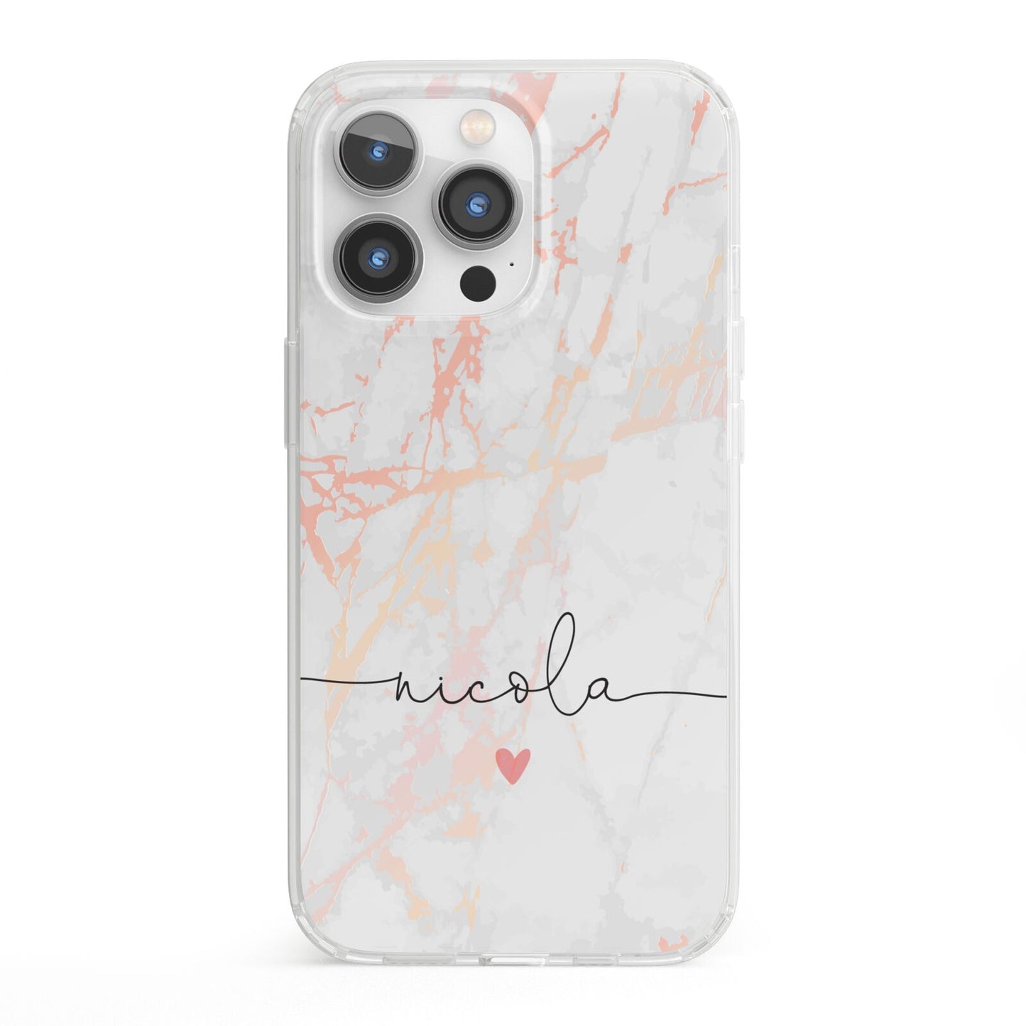 Personalised Name Pink Marble Heart iPhone 13 Pro Clear Bumper Case