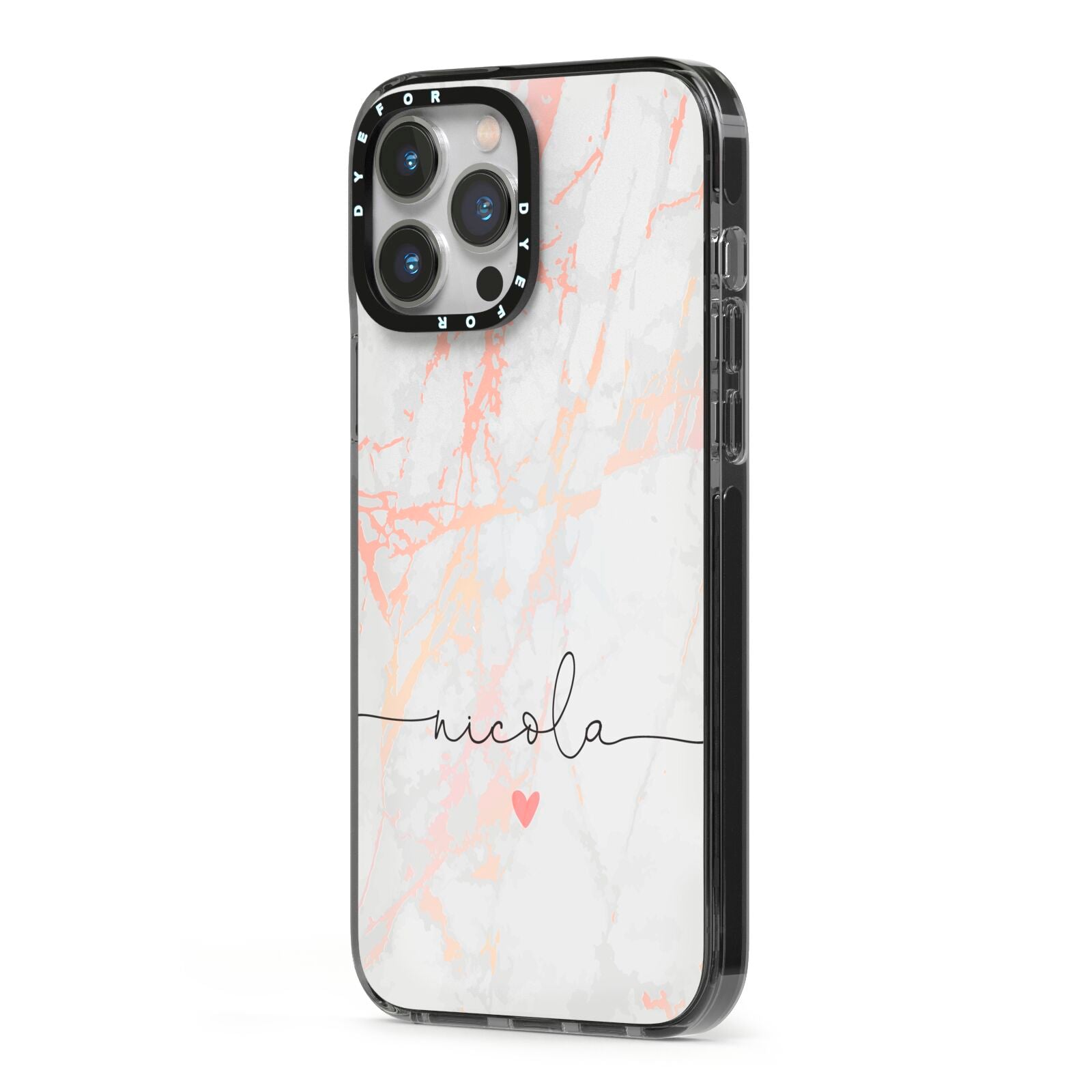 Personalised Name Pink Marble Heart iPhone 13 Pro Max Black Impact Case Side Angle on Silver phone