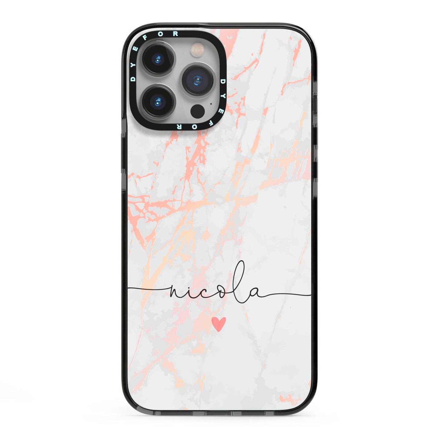 Personalised Name Pink Marble Heart iPhone 13 Pro Max Black Impact Case on Silver phone