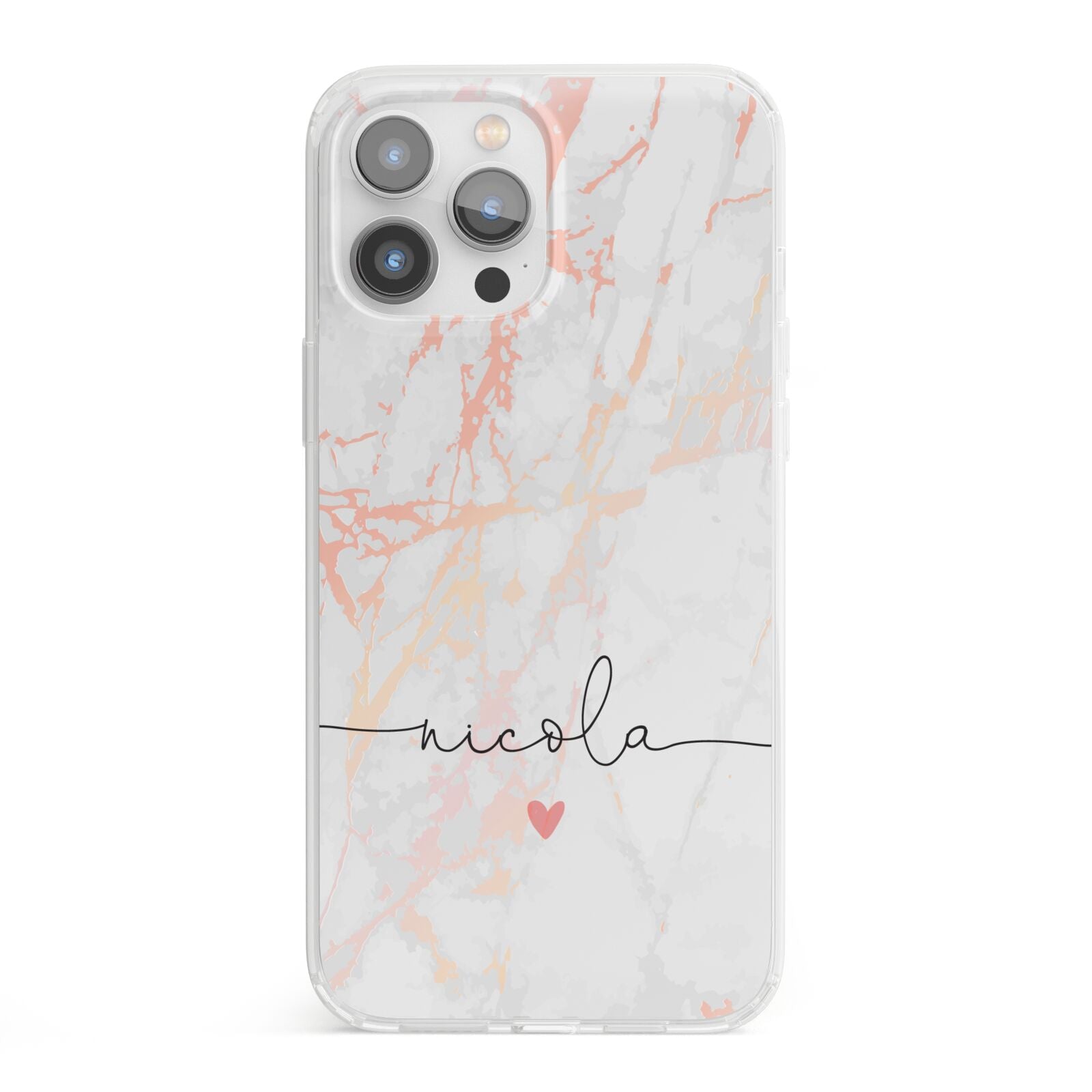 Personalised Name Pink Marble Heart iPhone 13 Pro Max Clear Bumper Case