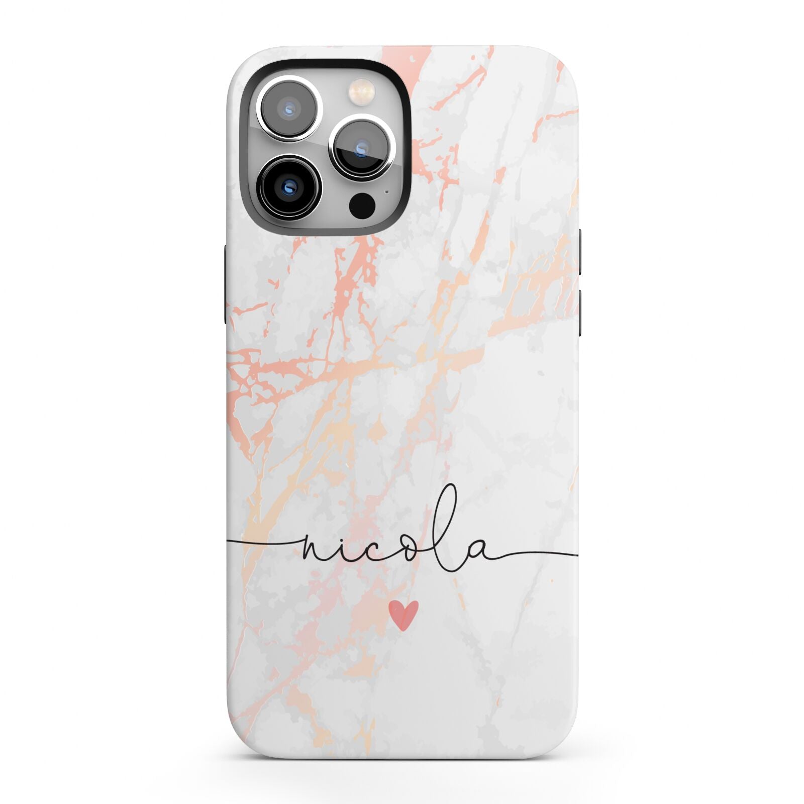 Personalised Name Pink Marble Heart iPhone 13 Pro Max Full Wrap 3D Tough Case