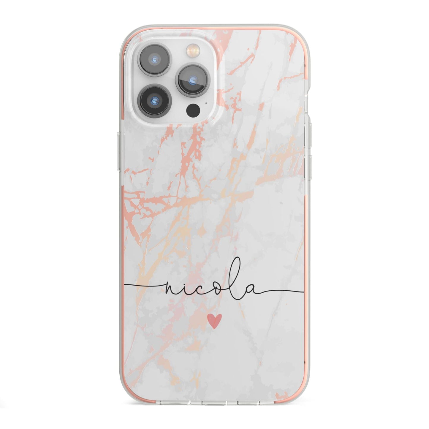 Personalised Name Pink Marble Heart iPhone 13 Pro Max TPU Impact Case with Pink Edges