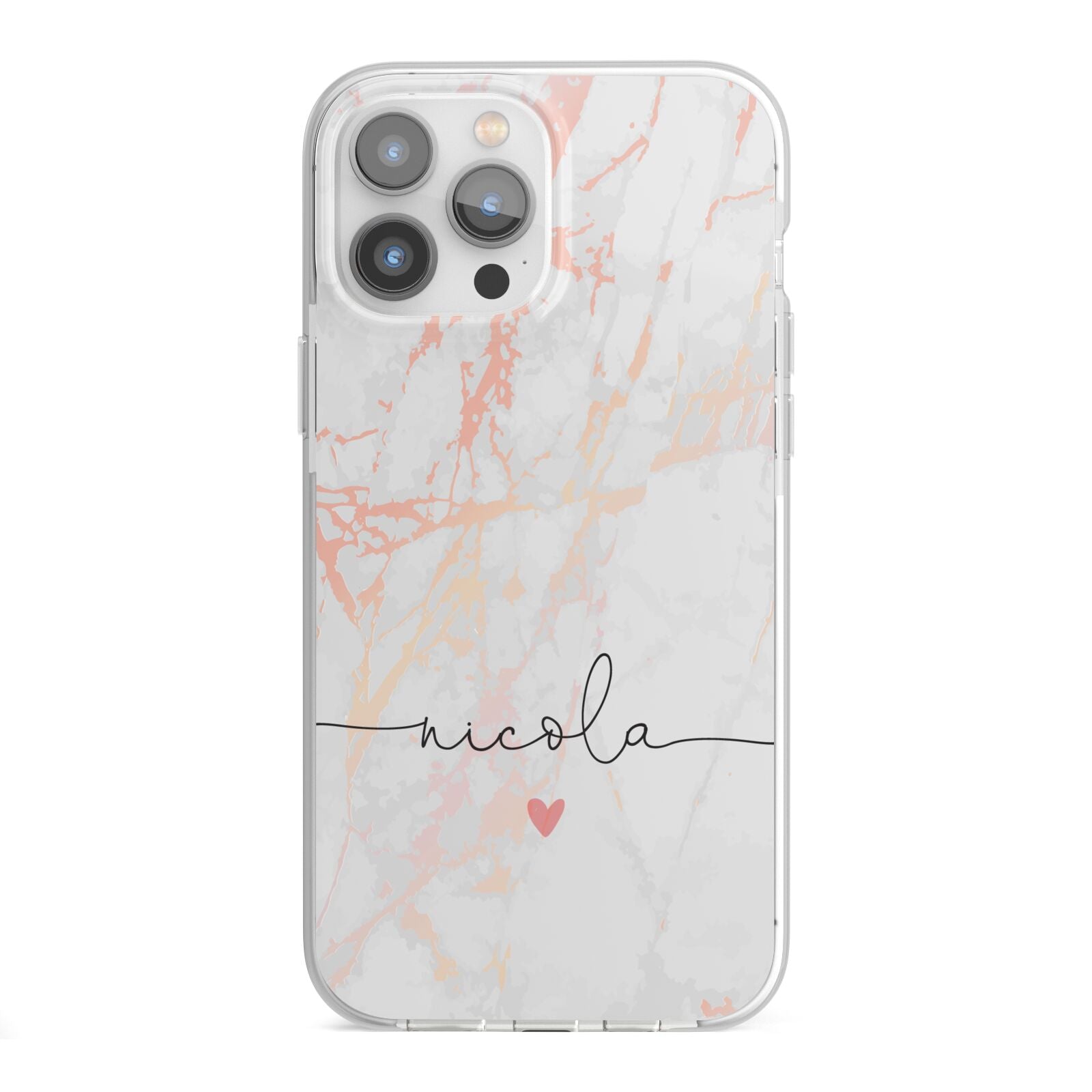 Personalised Name Pink Marble Heart iPhone 13 Pro Max TPU Impact Case with White Edges