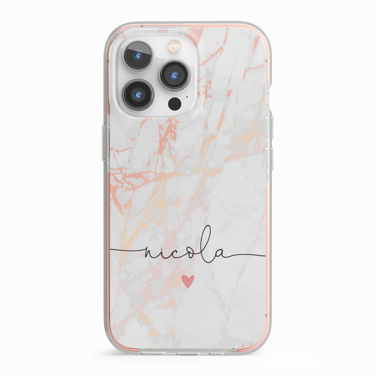 Personalised Name Pink Marble Heart iPhone 13 Pro TPU Impact Case with Pink Edges