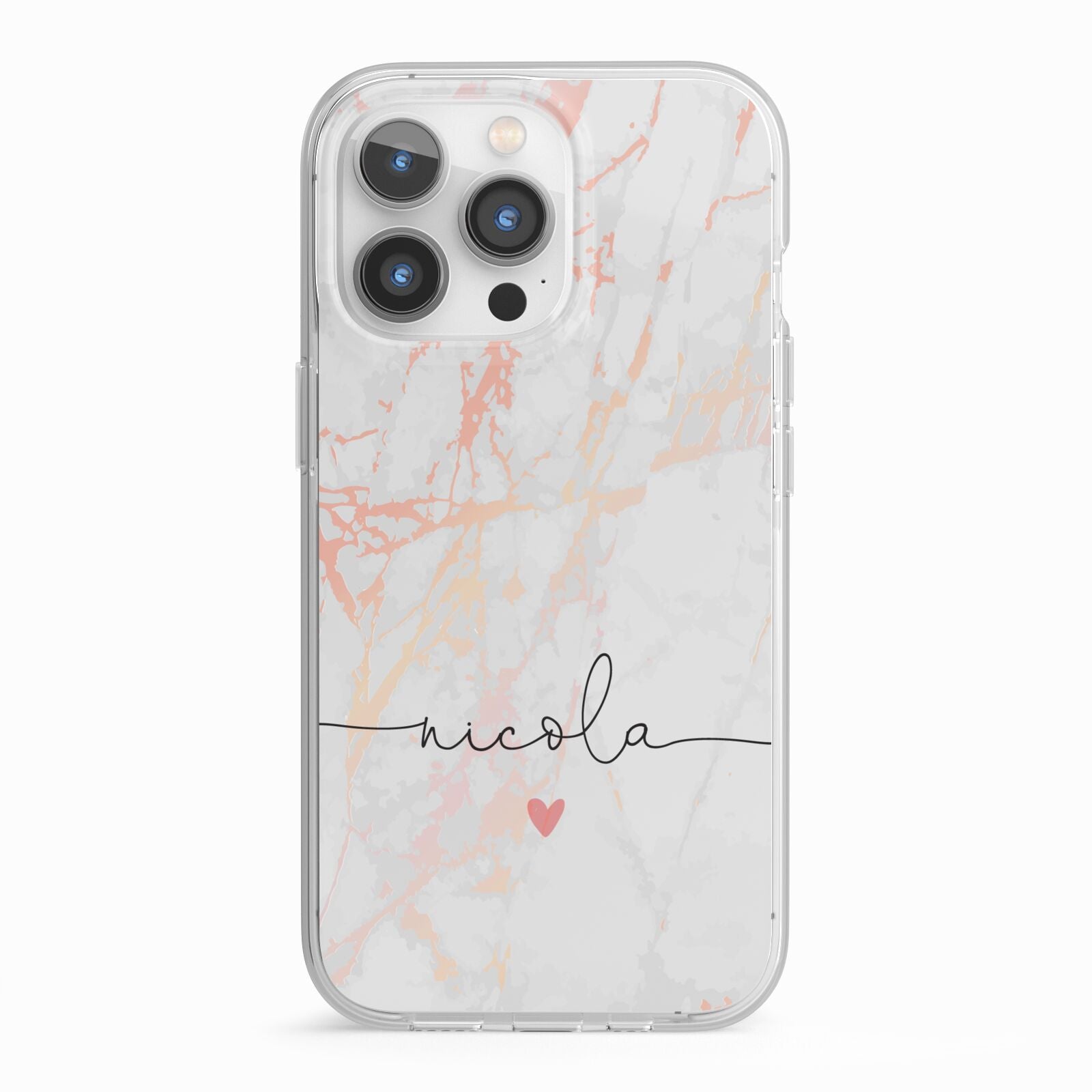 Personalised Name Pink Marble Heart iPhone 13 Pro TPU Impact Case with White Edges