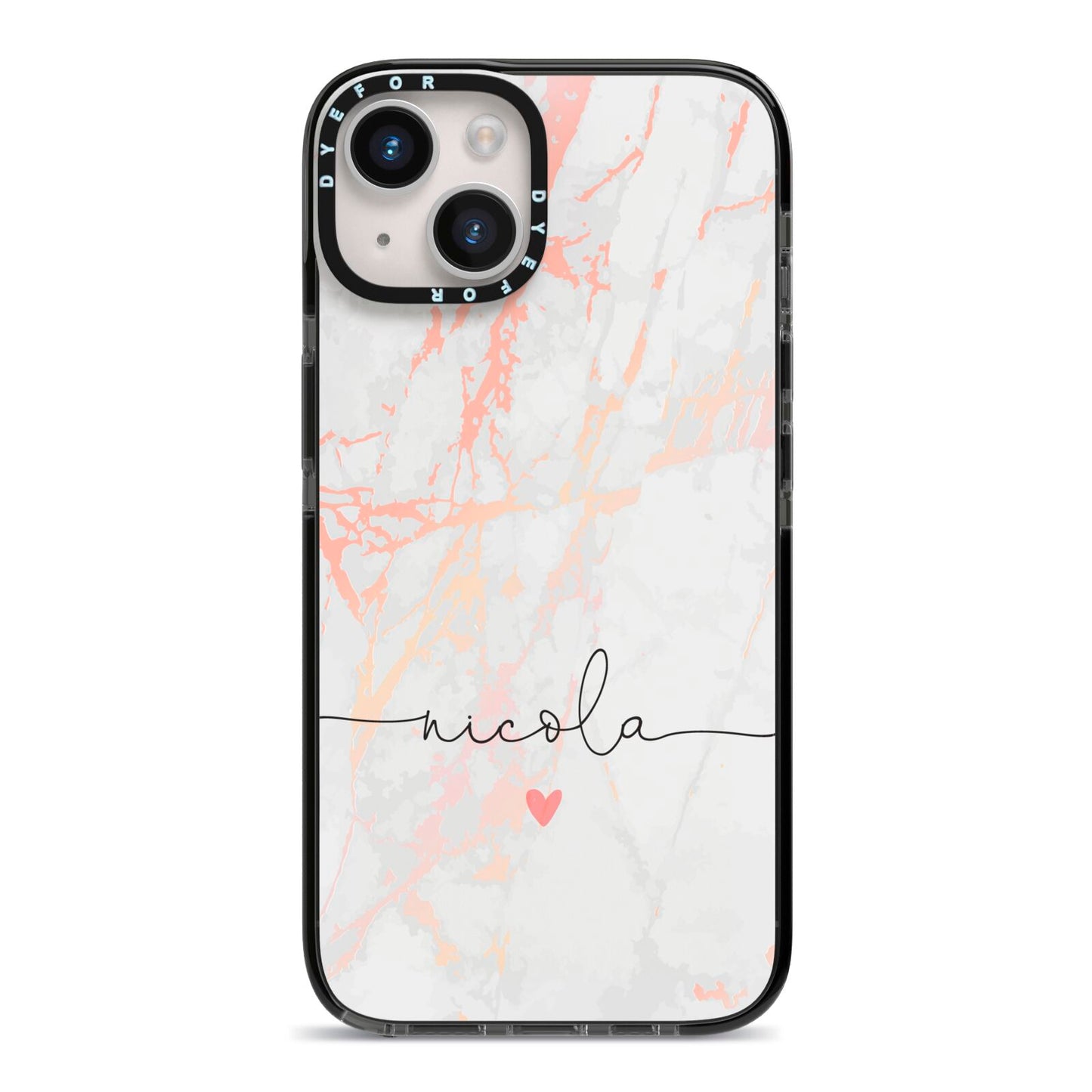 Personalised Name Pink Marble Heart iPhone 14 Black Impact Case on Silver phone
