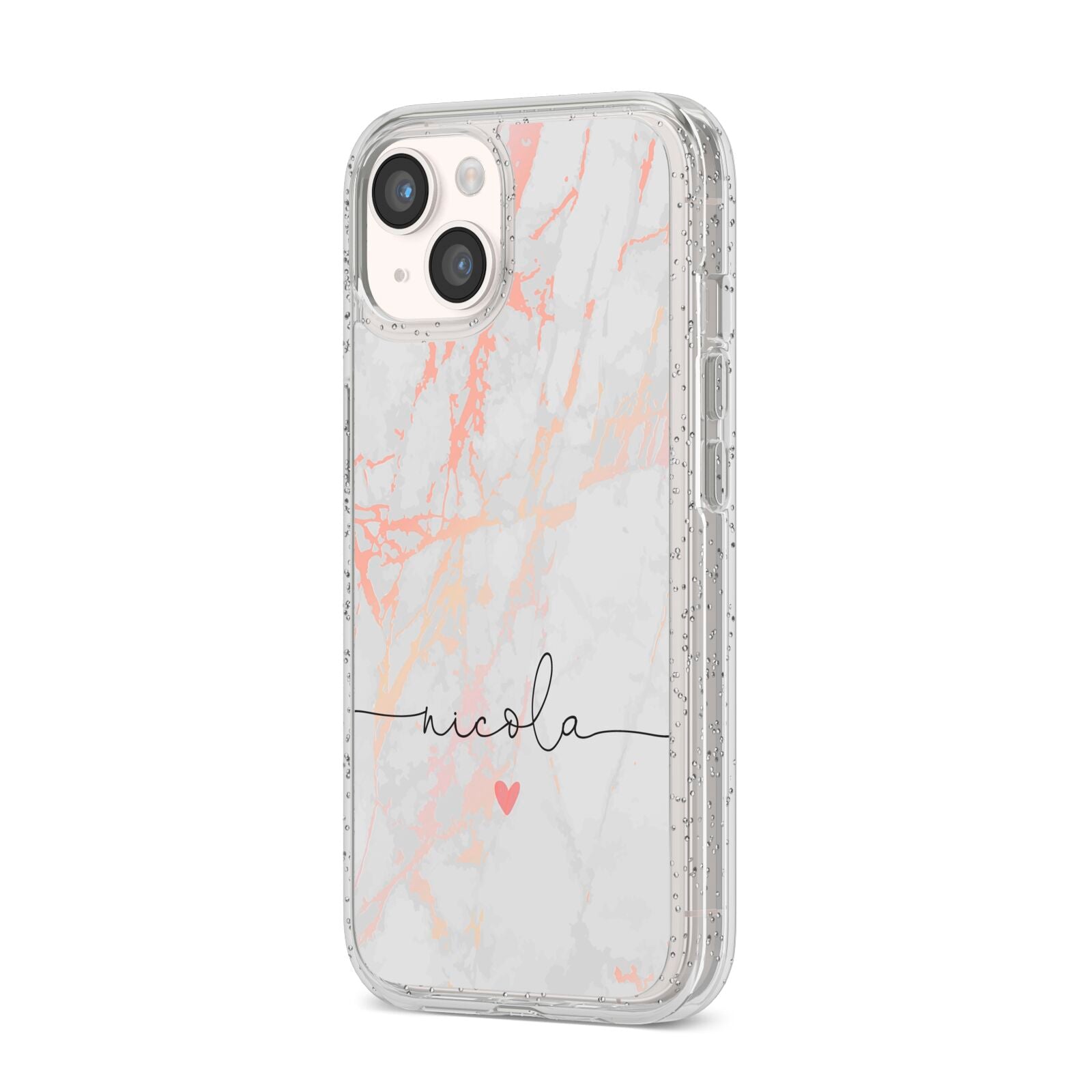 Personalised Name Pink Marble Heart iPhone 14 Glitter Tough Case Starlight Angled Image