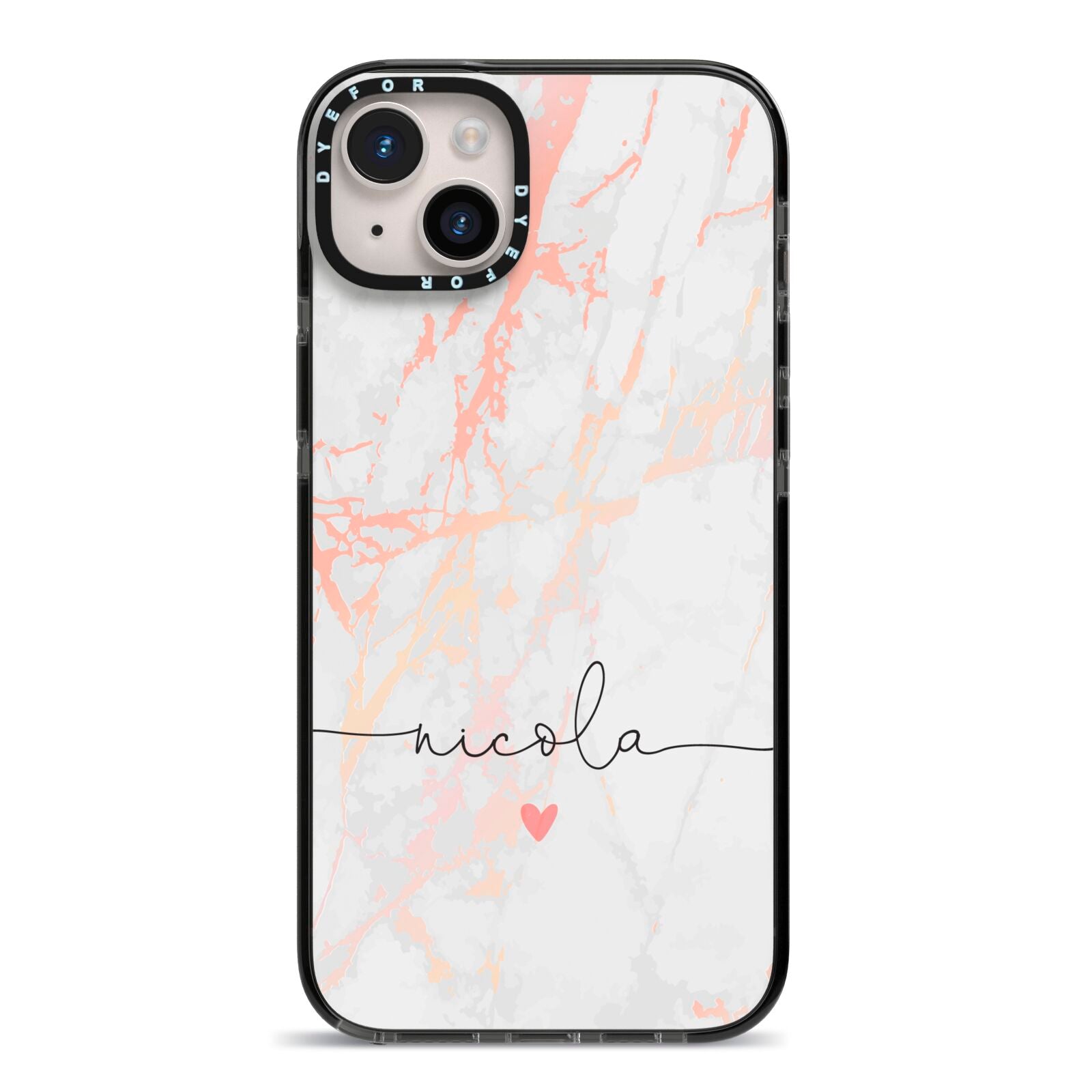 Personalised Name Pink Marble Heart iPhone 14 Plus Black Impact Case on Silver phone