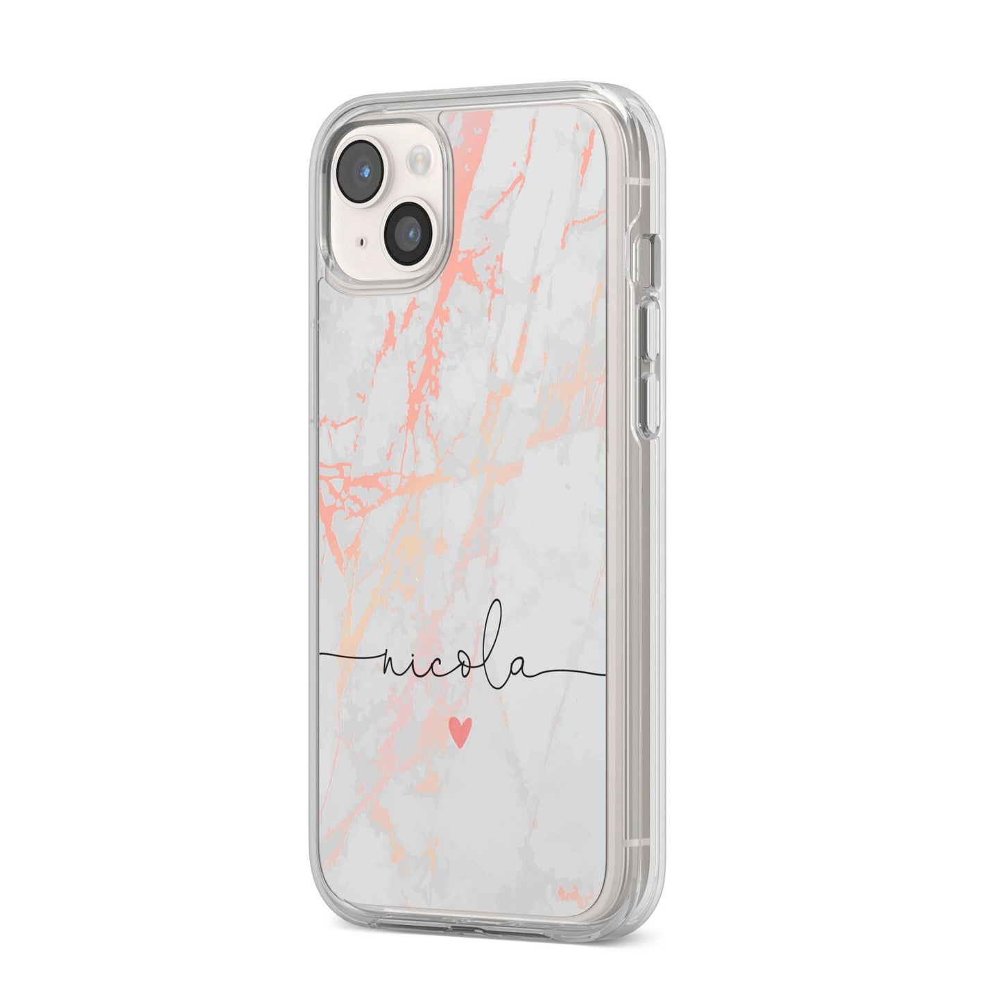 Personalised Name Pink Marble Heart iPhone 14 Plus Clear Tough Case Starlight Angled Image