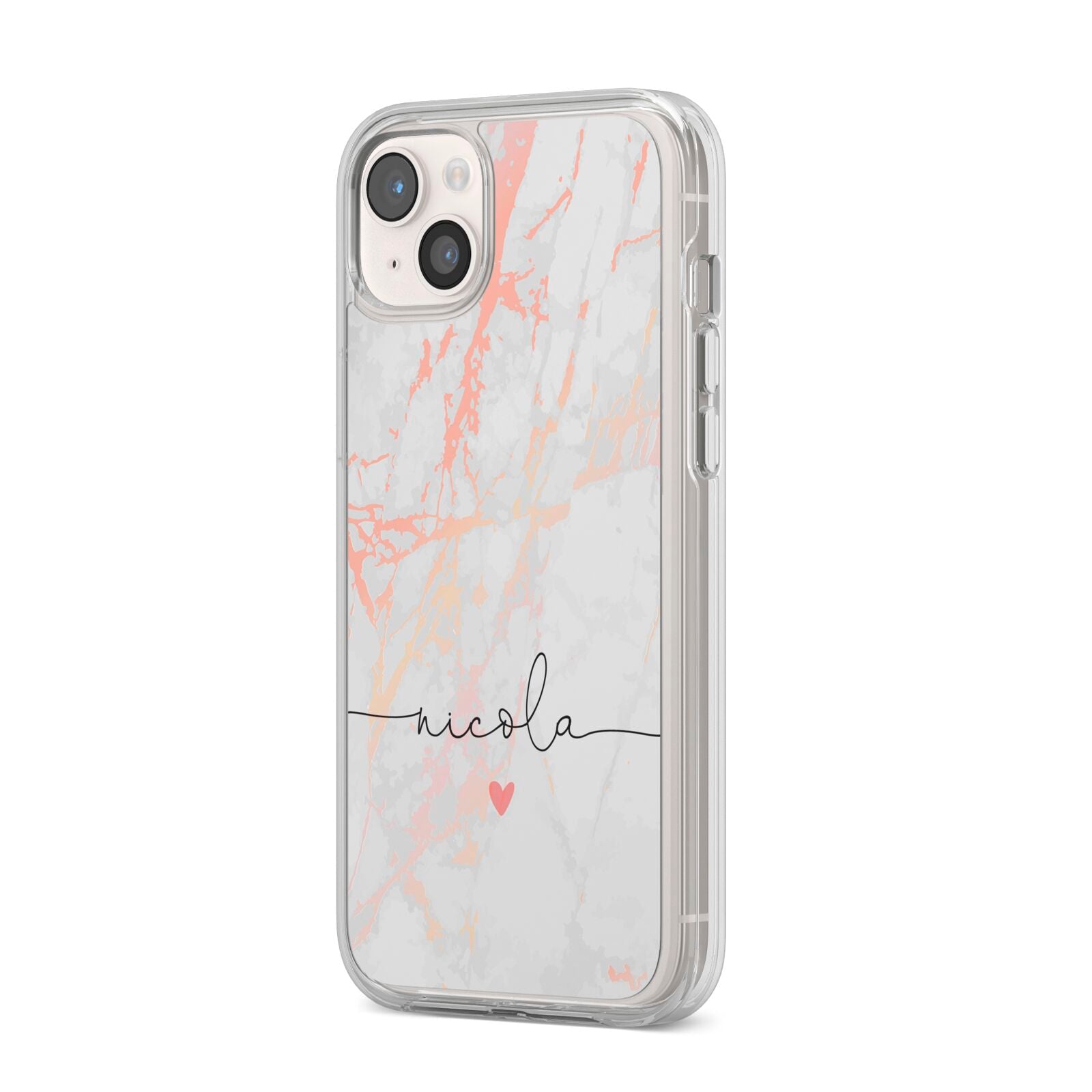 Personalised Name Pink Marble Heart iPhone 14 Plus Clear Tough Case Starlight Angled Image