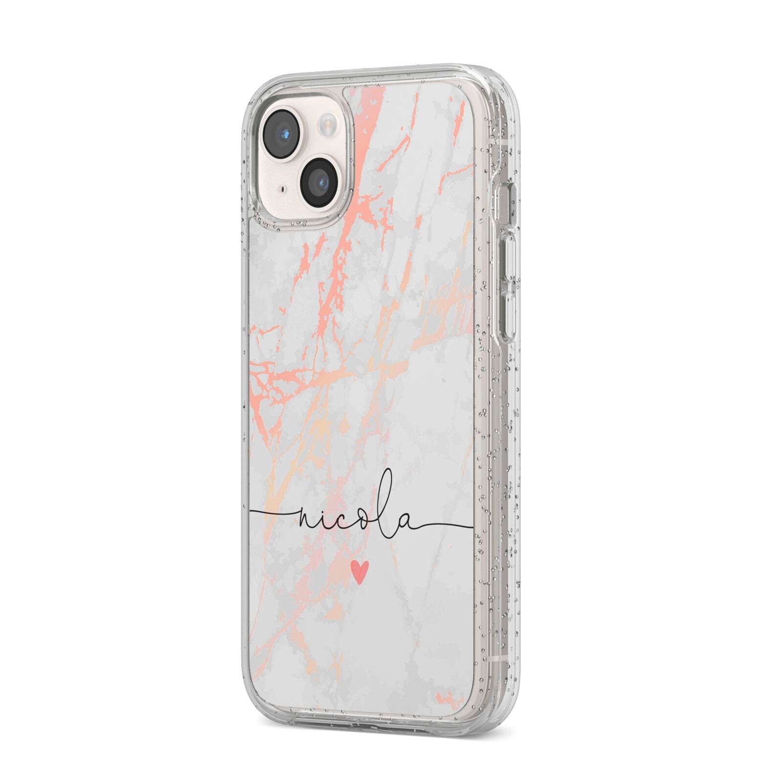 Personalised Name Pink Marble Heart iPhone 14 Plus Glitter Tough Case Starlight Angled Image