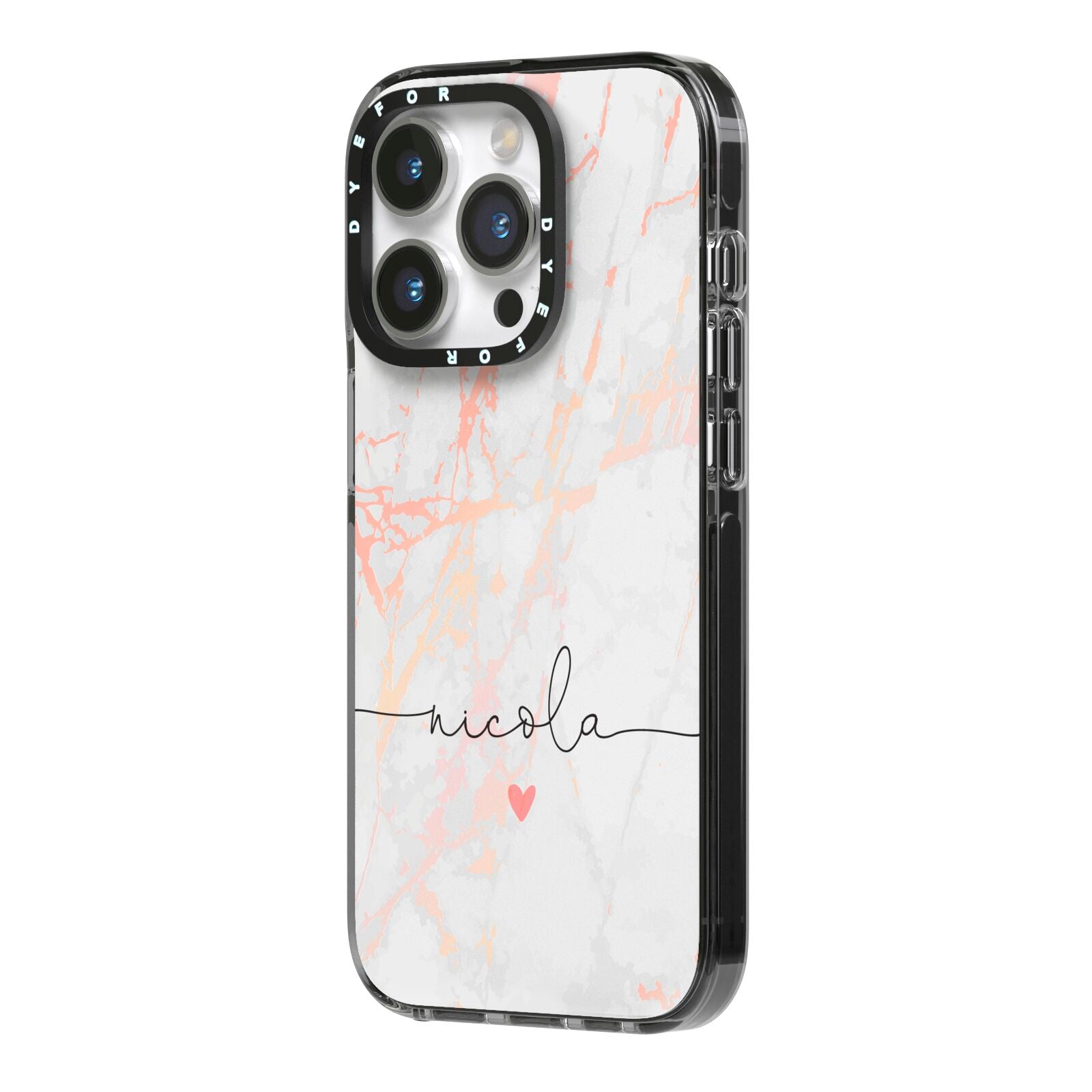 Personalised Name Pink Marble Heart iPhone 14 Pro Black Impact Case Side Angle on Silver phone