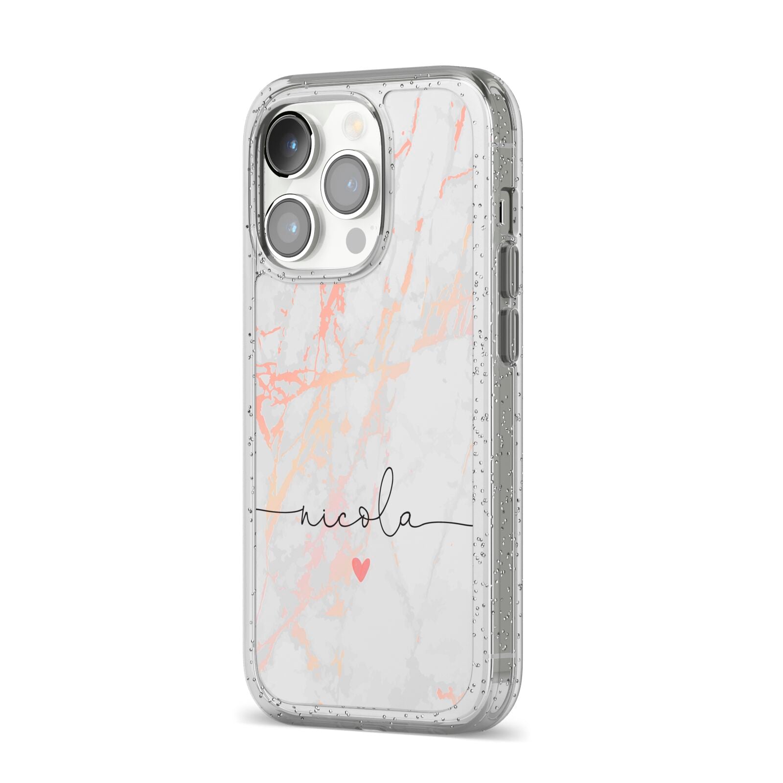 Personalised Name Pink Marble Heart iPhone 14 Pro Glitter Tough Case Silver Angled Image
